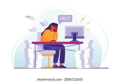 Stress At Work Concept. A Sad, Tired Girl Is Sitting At Her Desk And Asking For Help. A Large Number Of Tasks, Little Time. Cartoon Modern Flat Vector Illustration Isolated On A White Background