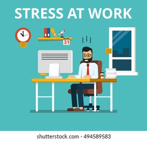 Stress at work concept. Tired and overworked businessman or office worker sitting at his desk. Flat vector illustration.