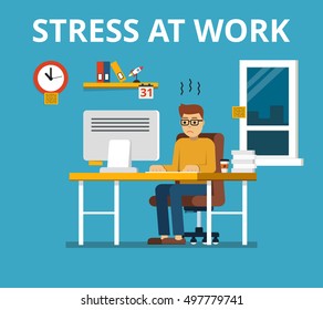Stress at work concept. Tired and overworked businessman or office worker sitting at his desk. Flat vector illustration.