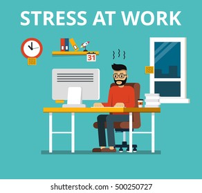 Stress at work concept. Tired and overworked businessman or office worker sitting at his desk. Flat vector illustration.
