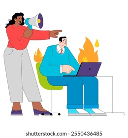 Conceito de estresse no trabalho. Uma mulher se dirige a um colega com urgência enquanto seu laptop queima figurativamente. Pressão empresarial, prazos urgentes e projetos de alto risco. Ilustração vetorial.