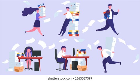 Stress at work and deadline concept. Idea of many work and few time. Employee in a hurry. Panic and stress in office. Set of people with business problems. Flat illustration