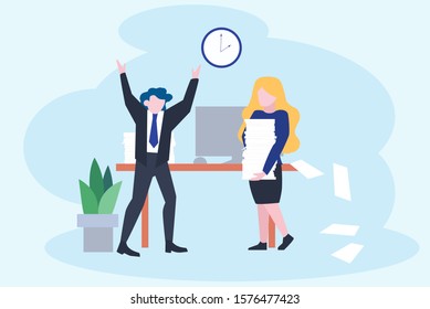 Stress at work and deadline concept. Idea of many work and few time. Employee in a hurry. Panic and stress in office. People with business problems. Flat vector illustration