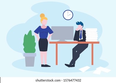 Stress at work and deadline concept. Idea of many work and few time. Employee in a hurry. Panic and stress in office. People with business problems. Flat vector illustration