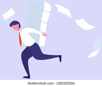 Stress at work and deadline concept. Idea of many work and few time. Employee in a hurry. Panic and stress in office. People with business problems. Flat vector illustration