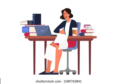 Stress at work and deadline concept. Idea of many work and few time. Employee in a hurry. Panic and stress in office. Woman with business problems. Flat vector illustration