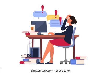 Stress at work and deadline concept. Idea of many work and few time. Employee in a hurry. Panic and stress in office. Woman with business problems. Flat vector illustration