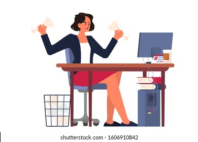 Stress at work and deadline concept. Idea of many work and few time. Employee in a hurry. Panic and stress in office. Woman with business problems. Flat vector illustration