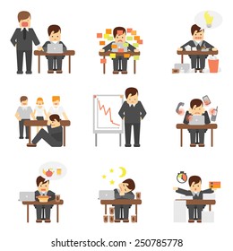 Stress at work dropping results graphic angry boss cartoon characters flat icons set abstract isolated vector illustration
