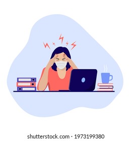 Stress at work during the COVID period. Businesswoman sits at a desk in the office wearing a medical mask while she holds her head. Vector illustration in a flat style.