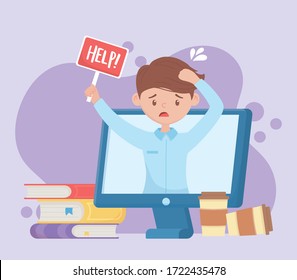 stress at work, employee with help sign video computer work vector illustration