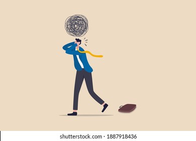 Stress At Work, Exhausted From Overworked And Too Many Problems Or Frustrated And Paranoia Office Worker Concept, Hopelessness Frustrated Businessman Employee With Anxiety Busy Line Over His Head.