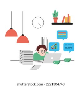 Stress at work, exhausted from overworked and too many problems or frustrated and paranoia office worker concept, hopelessness frustrated businessman employee with anxiety busy line over his head.