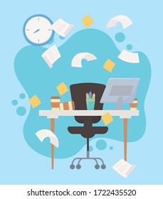 estrés en el trabajo, papel en la mesa silla de escritorio notas adhesivas del reloj de la computadora e ilustración del reloj vectorial