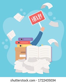 stress at work, hand holding help board book many papers and box vector illustration