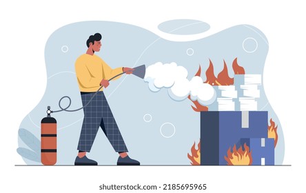 Stress at work. Man with fire extinguisher extinguishes burning papers. Employee trying to meet deadline. Metaphor of bad time management and inefficient employee. Cartoon flat vector illustration