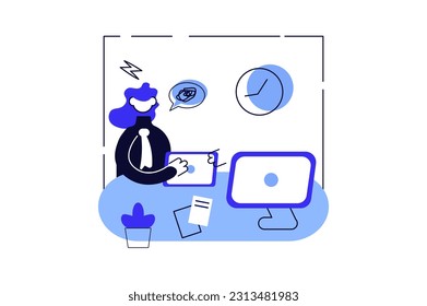 Stress at work minimalistic concept with people scene in the flat cartoon design. A woman is stressed at work due to a large number of tasks. Vector illustration.