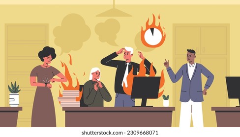 Stress at work. Office team brainstorming. Employees solve tasks. Business people in flames. Intensive discussion. Colleagues conflict or deadline. Stressful atmosphere