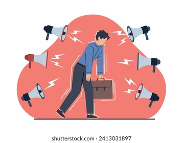 Estrés en el trabajo. Empleado con exceso de trabajo. Megáfonos gritando al hombre de negocios. Gritos furiosos a través de altavoces. Trabajador de Burnout. Sobrecarga de Office. Culpa y abuso. Hombre deprimido. Concepto de vector