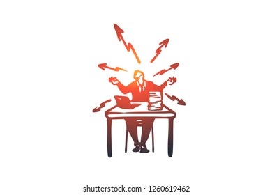 Stress, work, problems, office, busy concept. Hand drawn stressed employee at workplace concept sketch. Isolated vector illustration.