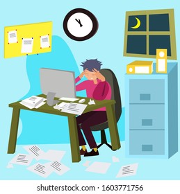 Stress at work. Stressed office worker sitting at desk in pile of office papers and documents. Vector illustration.
