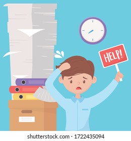 stress at work, stressed worker with help board pile of documents binders on box and clock vector illustration