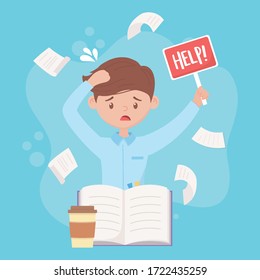 estrés en el trabajo, trabajador estresado con ayuda de tablero de papel cavidad ilustración vectorial