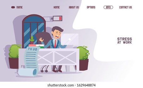Stress at work, tired manager office deadline vector illustration. Website design, landing page template. Stressed man working in office, cartoon character. Deadline at work, stressful job business