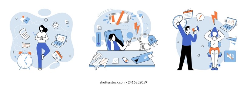 Stress at work vector illustration. The stress at work concept highlights need for effective stress management and creating healthy work environment Taking responsibility for ones well being