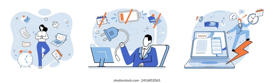 Ilustración vectorial de estrés en el trabajo. El trabajo de horas extra y la presión para realizar pueden intensificar los niveles de estrés y afectar el bienestar general El concepto de estrés en el trabajo enfatiza la importancia de reconocer