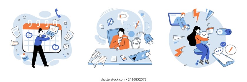 Stress am Arbeitsplatz, Vektorgrafik. Überarbeit und überlasteter Zeitplan können dazu führen, überarbeitet zu werden und sich körperlich und geistig entwässert Chronischer Stress kann zu Gefühlen Frustration beitragen