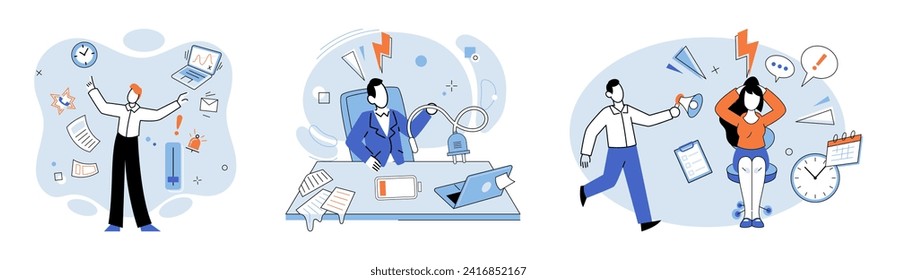 Stress at work vector illustration. A stressed worker may experience range negative emotions, including frustration and exhaustion Managing stress and seeking support are crucial for preventing