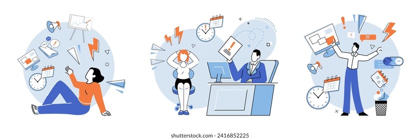 Stress at work vector illustration. Taking responsibility for ones mental health and seeking appropriate care are essential in managing work related stress Chronic stress and fatigue can lead