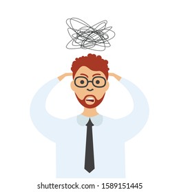 Stress at work. Vector stressed businessman with a headache. Tired man holds head having migraine. Worried man. 
