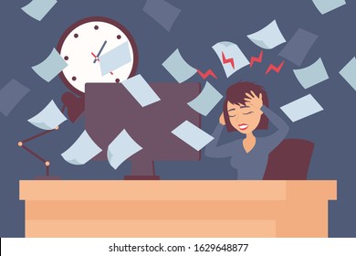 Stress At Work, Woman Headache In Office Vector Illustration. Paperwork Deadline Pressure, Stressful Job. Female Manager Cartoon Character, Business Career, Office Employee. Stressed Woman Deadline