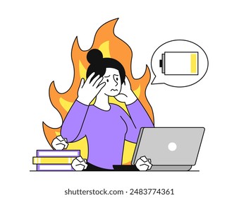 Estrés en el trabajo. Mujer en llamas se sienta en la computadora portátil. Trabajador con exceso de trabajo con agotamiento emocional. Chica joven con sentimientos negativos y emociones. Ilustración vectorial plana lineal aislada sobre fondo blanco