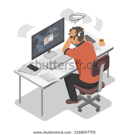 Stress at work in workplace stress crisis or work too hard over times with Problem bad mental health times Software Engineer Programer Hard working rush illustration isometric isolated vector cartoon