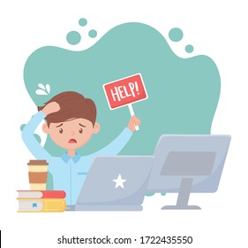 stress at work, worried employee with help sign laptop computer and books vector illustration