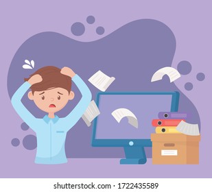 stress at work, worried worker falling papers computer box filled books vector illustration