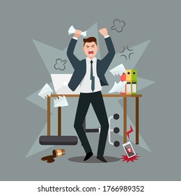 Stress at workplace concept. Furious businessman experiencing nervous breakdown or professional burnout at office, throwing furniture and yelling, vector illustration in flat style