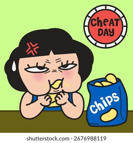 Estrés Joven Dama Comiendo Chips Para Un Concepto De Comida De Truco Ilustración De Personaje De Dibujos Animados