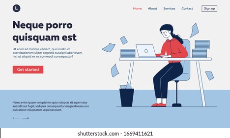 Stressed accountant working with stacks of reports. Employee with piles of documents holding head flat vector illustration. Paperwork, disarray concept for banner, website design or landing web page
