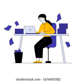 Contador enfatizado trabajando con montones de informes. Empleado con montones de documentos que contienen ilustración vectorial plana de cabeza. Papeleo, concepto de desorden para banner, diseño de sitio web o página web de inicio