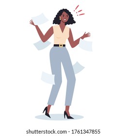 Stressed and angry business person. Female character are shouting with anger. Deadline and stressful lifestyle concept. Vector illustration in cartoon style