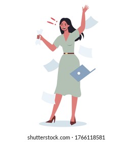 Stressed and angry business person. Female character are shouting with anger. Deadline and stressful lifestyle concept. Vector illustration in cartoon style