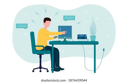 Stressed angry office worker breaks computer at work. Concept of hard constant work that makes stundent, businessman, employee feels worried in workplace. Flat cartoon vector illustration