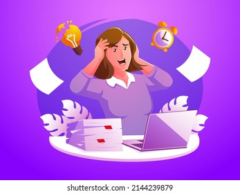 Stressed angry tired and desperate woman clutched his head among piles of papers and documents