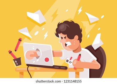 Stressed angry young man crashed laptop at work. Concept stundent, businessman, employee feels worried in workplace. Vector illustration.