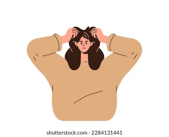 Stressed angry young woman character with furious face emotion tearing hair on her head svg