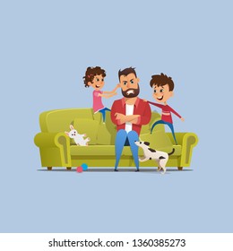 Stressed Annoyed Father Naughty Children on Sofa. Tired Stressed Man with Clenched Teeth Sitting. Naughty Kid Character Playing around and Making Mess at Home. Cartoon Vector Illustration